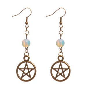 Wiccan pentagram charm hengende øredobber med opal stein