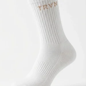 1 pk Hvite Ribbestrikkede Sokker – TRVN (Beige Logo)