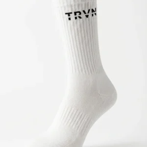 1 pk Hvite Ribbestrikkede Sokker – TRVN (Svart logo)